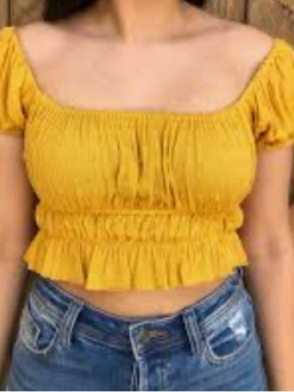 Le Lis Mustard Smocked Off-Shoulder Crop Top
